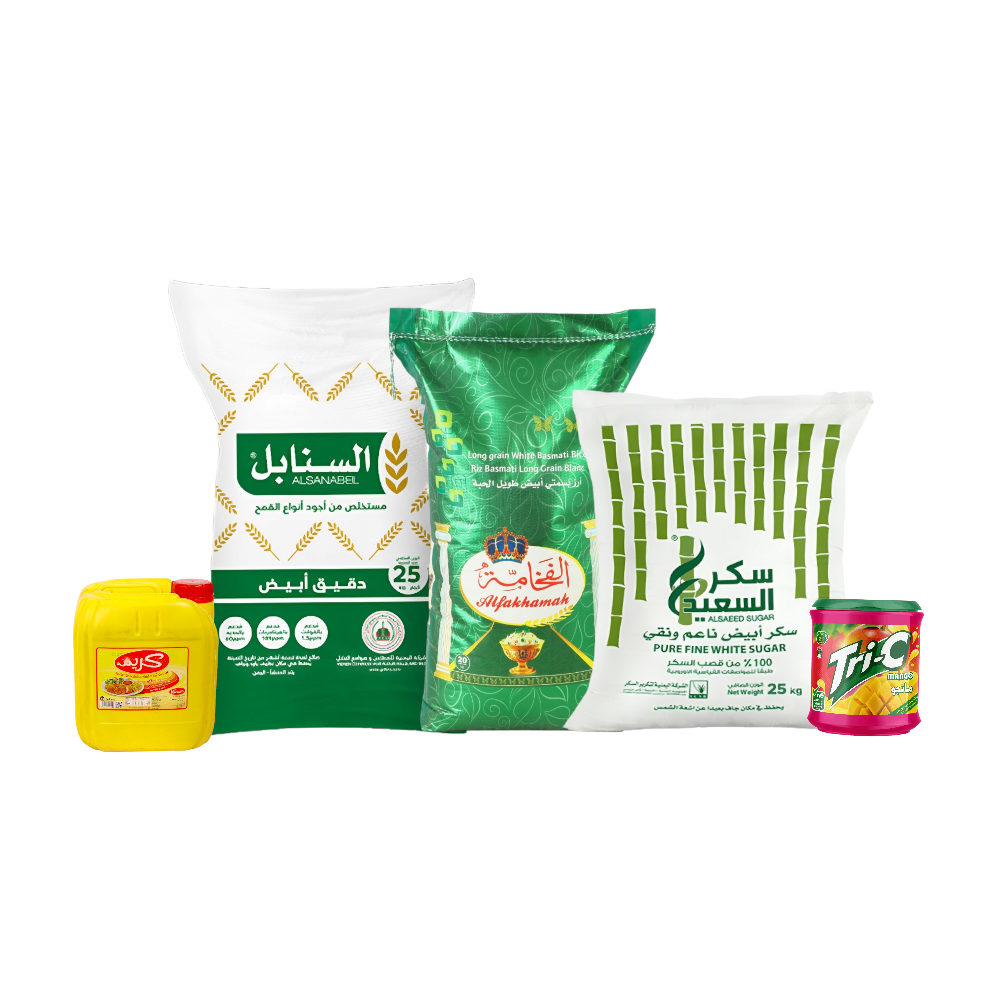 باكج أرز الفخامة بسمتي 20 كجم + دقيق السنابل أبيض 25 كجم + سكر السعيد أبيض 25 كجم + زيت كريم 8 لتر + ترايسي شراب مانجو بودرة 2 كيلو