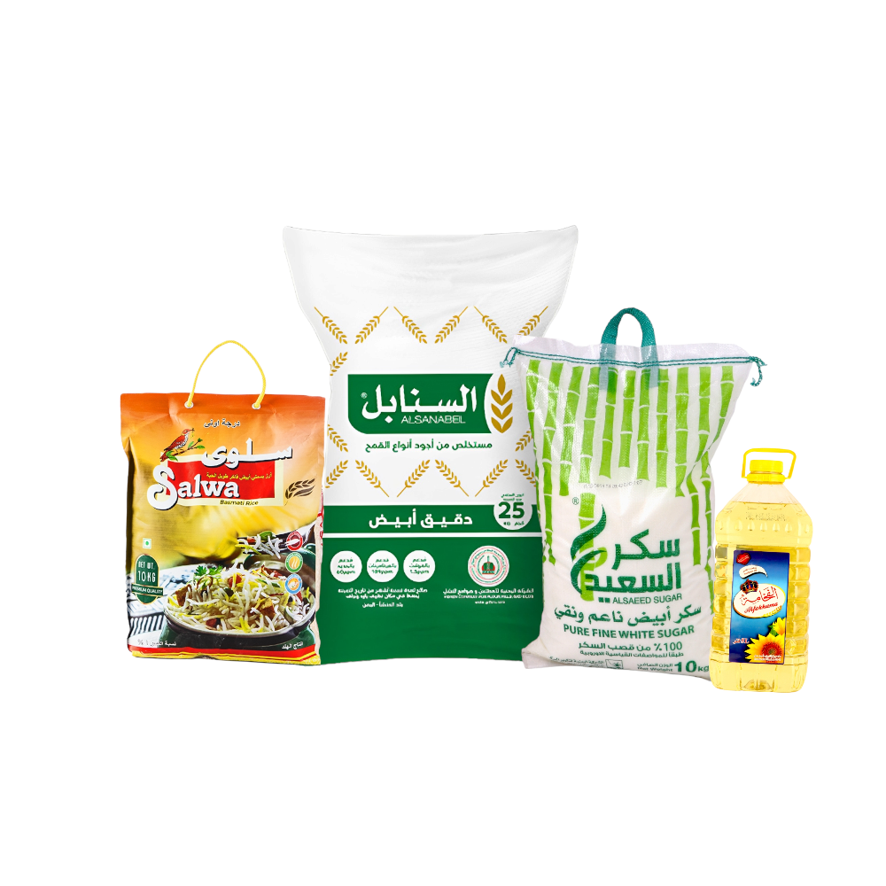  باكج أرز سلوى بسمتي 10 كجم + زيت الفخامة 5 لتر + سكر السعيد أبيض 10 كجم + دقيق السنابل أبيض 25 كجم 