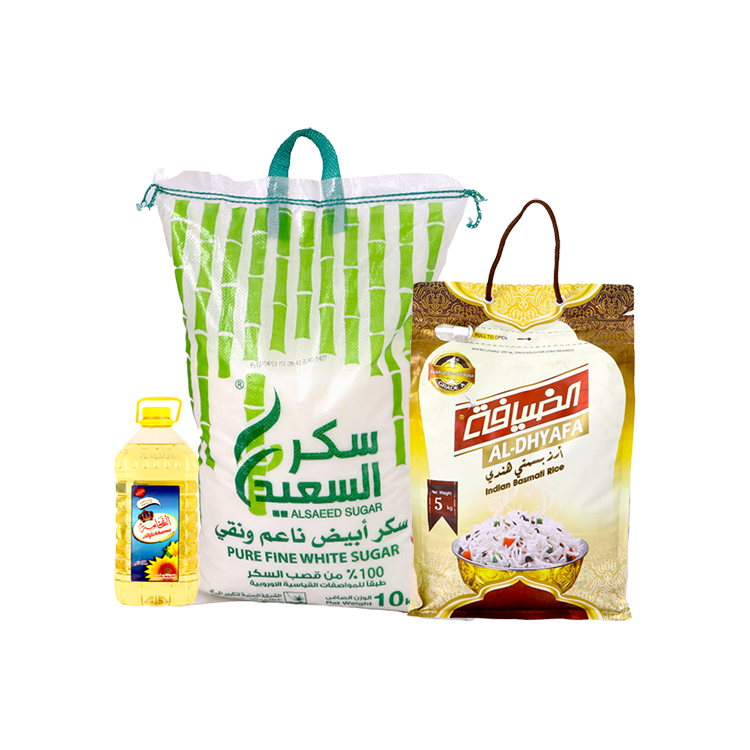 باكج أرز الضيافة بسمتي هندي 5 كجم + زيت الفخامة 5 لتر+ سكر السعيد أبيض 10 كجم