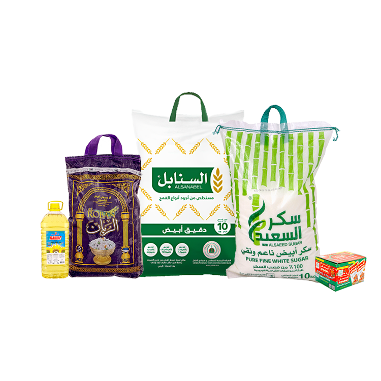  باكج أرز الربان بسمتي 5 كجم + زيت راقي 5 لتر + سكر السعيد أبيض 10 كجم + كرتون صلصة المدهش 70جم + دقيق السنابل أبيض 10 كجم