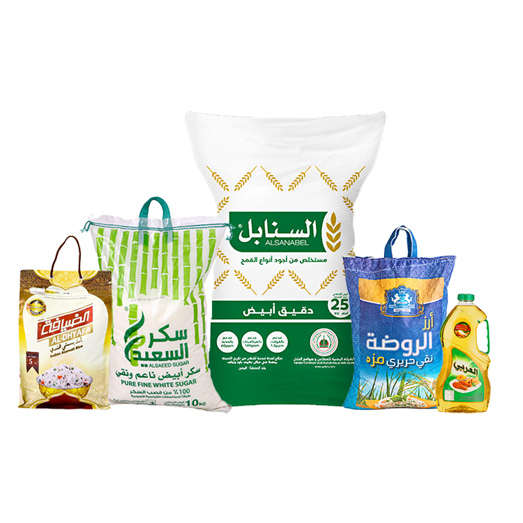 باكج أرز الضيافة بسمتي 5 كجم + أرز الروضة مزة 5 كجم + زيت العربي 2.9 لتر + دقيق السنابل أبيض 25 كجم + سكر السعيد أبيض 10 كجم