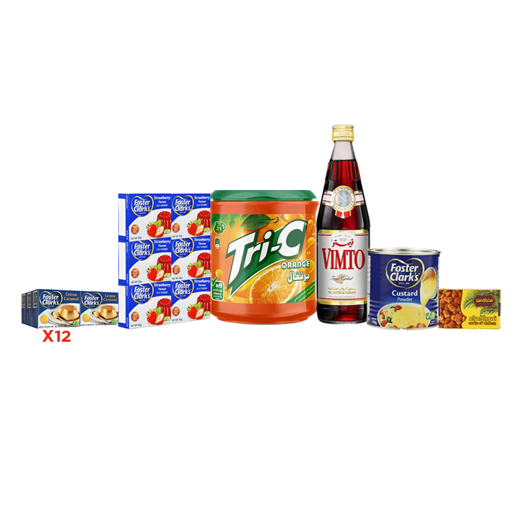  باكج درزن جيلي فوستر بالفراولة + 2 درزن  كريم كرامل فوستر + مهلبية كاسترد 450 جم + شراب ترايسي برتقال 2 كجم + شراب فيمتو بالتوت 710 مل + باكت تمر الامراء 