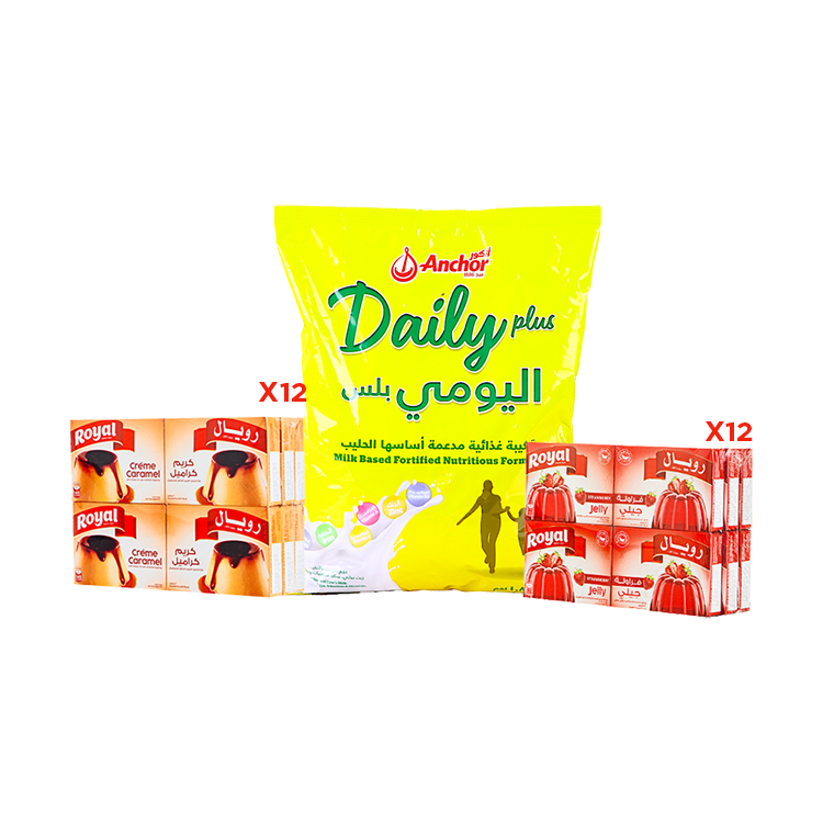  باكج حليب اونكر اليومي بلس 1.8 كجم + درزن جيلي رويال بالفراولة + درزن كريم الكراميل رويال