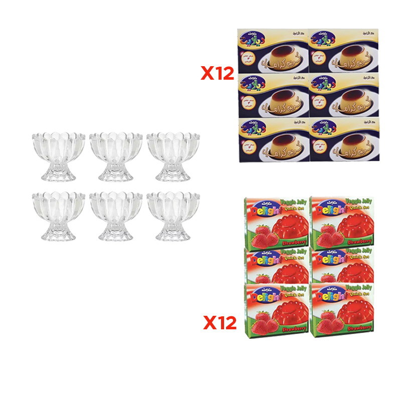  باكج طقم مطايب زجاج 6 قطع + درزن جيلي ديلايت بالفراولة + درزن كريم كراميلا ديلايت