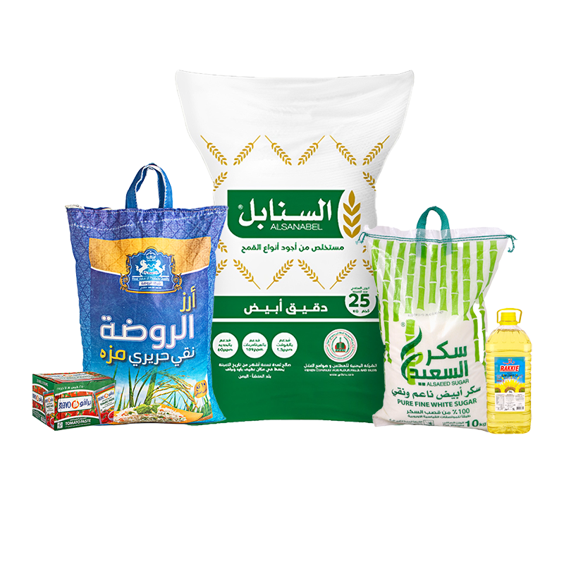 باكج أرز الروضة 10 كجم + زيت راقي 5 لتر + دقيق السنابل أبيض 25 كجم + سكر السعيد أبيض 10 كجم + باكت صلصة برافو 70 جم 