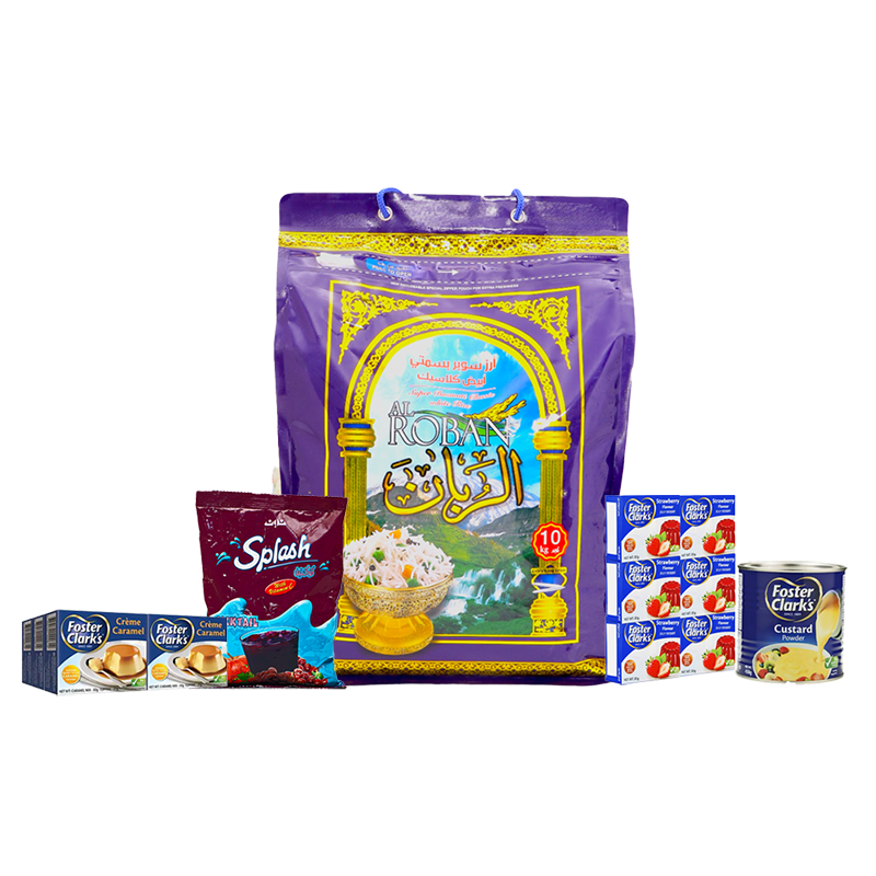 باكج درزن جيلي فوستر كلارك بالفراولة + أرز الربان سوبر بسمتي 10 كجم + 2 درزن كريم كرامل فوستر + مهلبية كاسترد فوستر كلارك 450 جم + عصير نون سبلاش كوكتيل 500 جم 