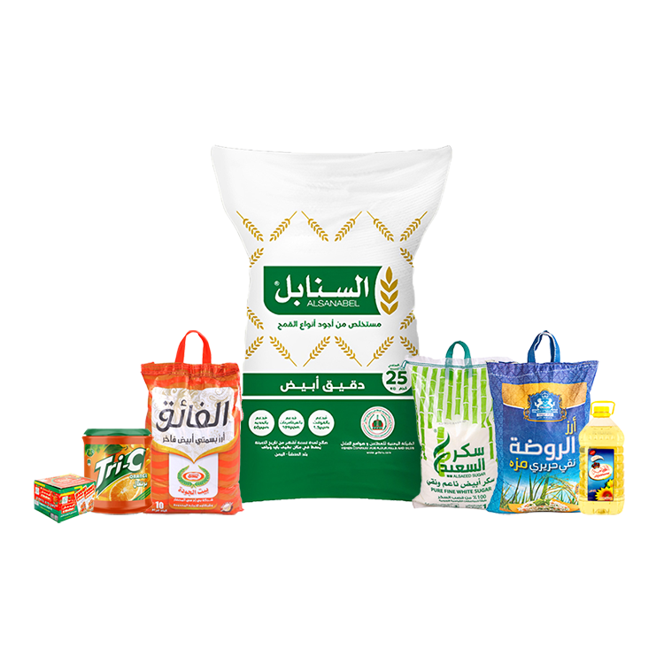 باكج أرز الروضة مزة 10 كجم +أرزالفائق بسمتي 10 كجم + دقيق السنابل أبيض 25 كجم + زيت الفخامة 5 لتر+كرتون صلصة المدهش 70جم + سكر السعيد أبيض 10 كجم + شراب ترايسي برتقال 2 كيلو