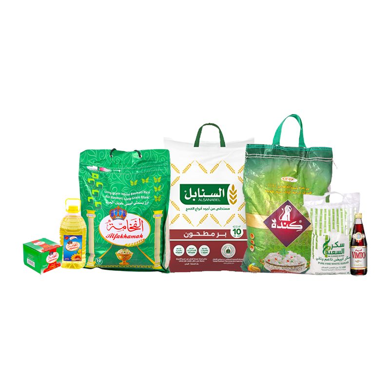  باكج أرز كندة الذهبي مزة 10 كجم +أرز الفخامة بسمتي 10 كجم + باكت صلصة الفخامة 70 جم + بر السنابل مطحون أسمر 10 كجم + زيت الفخامة 4 لتر  +سكر السعيد أبيض 5 كجم + شراب فيمتو مركز بالتوت 710 مل 