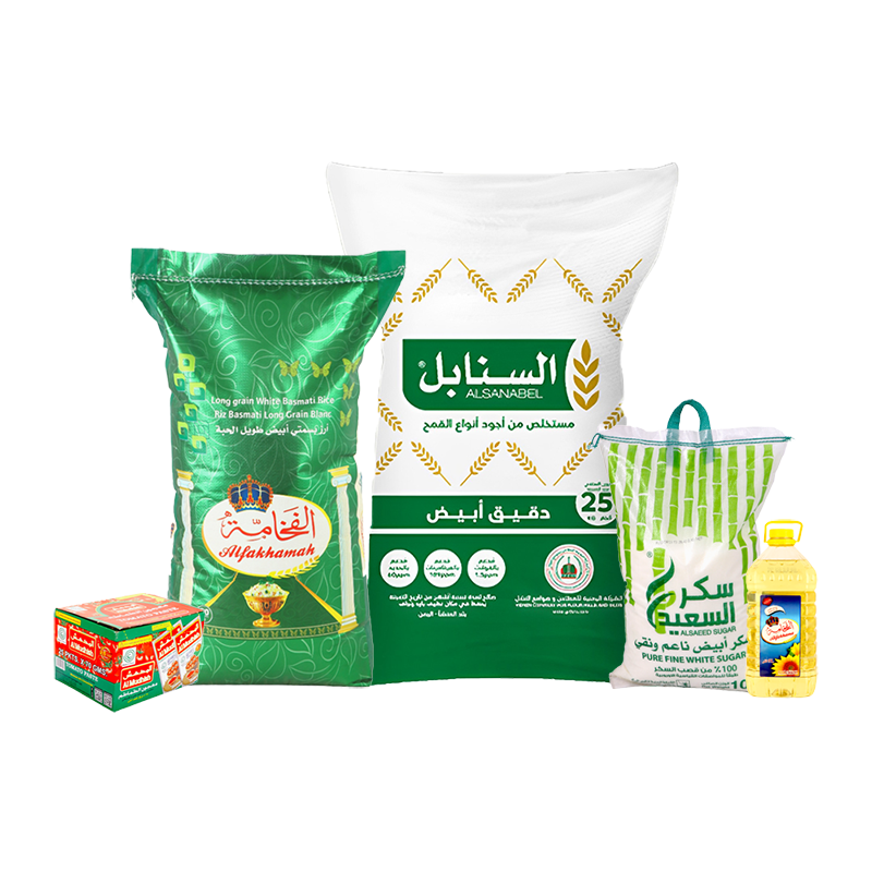 باكج أرز الفخامة بسمتي 20 كجم + دقيق السنابل دقيق أبيض 25 كجم + سكر السعيد أبيض 10 كجم + زيت الفخامة 5 لتر +كرتون صلصة المدهش 70جم 