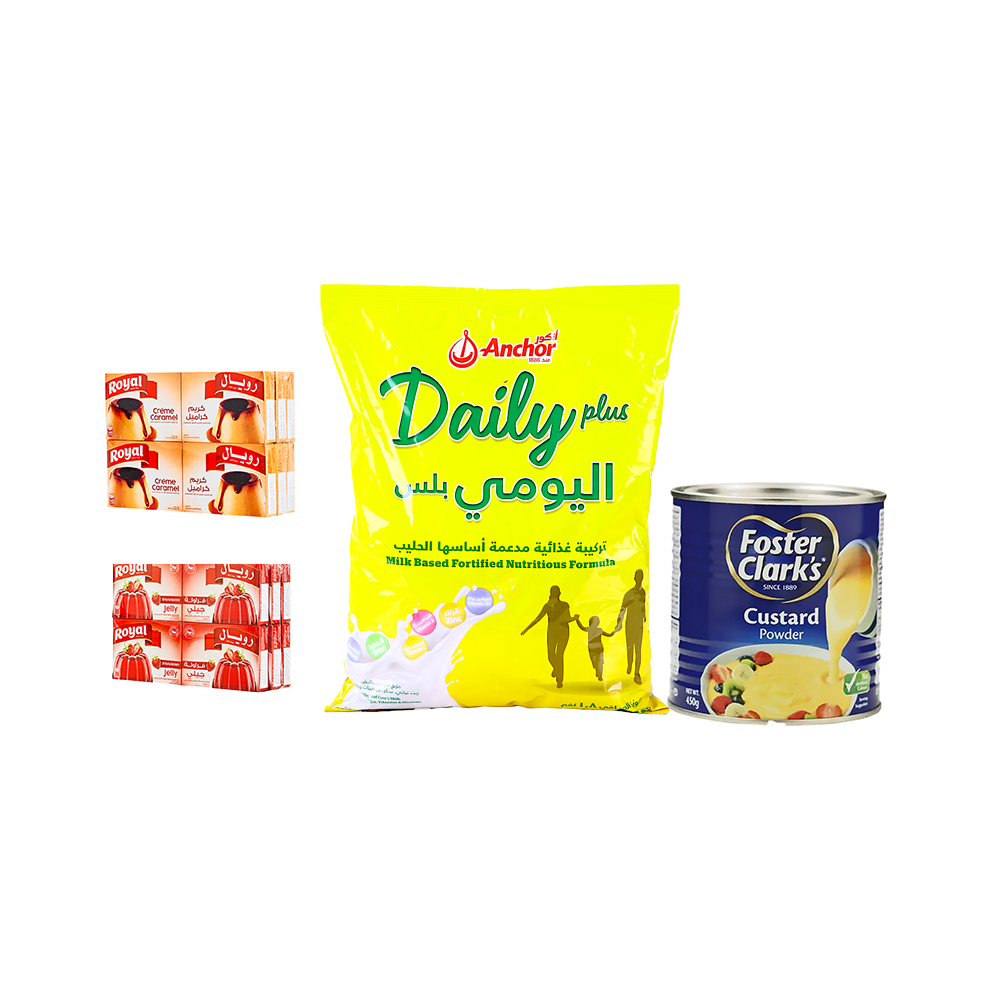 باكج حليب اونكر اليومي بلس 1.8 كجم + درزن جيلي رويال بالفراولة + دزن كريم كراميل رويال + مهلبية كاسترد 450 جم