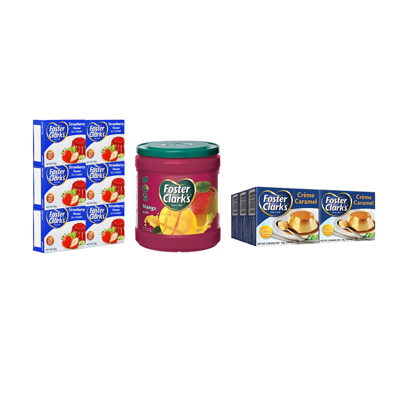 باكج فوستر كلارك جيلي  12×85 جرام+ فوستر كلارك كريم كرامل  12*71 جرام+ فوستر كلارك عصير مانجو بلاستيك  علبة عبوة 1.92 كيلو جرام