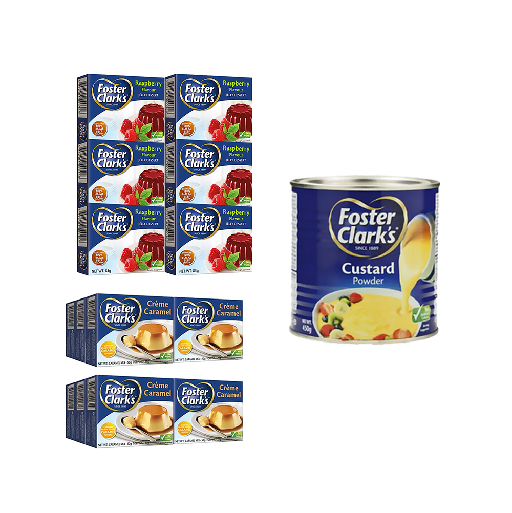 باكج جيلي فوستر بالكرز 12 حبة + كريم كرامل فوستر بالفانيلا 12حبة + مهلبية كاسترد فوستر كلارك 450 جم   