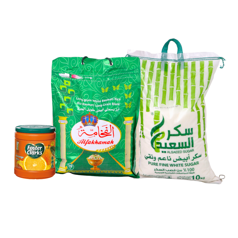  باكج أرز الفخامة بسمتي 10 كجم + سكر السعيد أبيض 10 كجم + عصير فوستر كلارك بنكهه البرتقال عبوة 1.92 كجم 