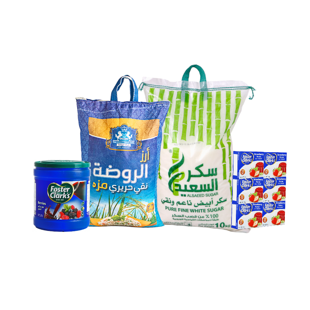 باكج أرز الروضة مزة 10 كجم + سكر السعيد أبيض 10 كجم + 12 حبة جيلي فوستر كلارك بالفراولة + عصير فوستر كلارك بالتوت عبوة 1.92 كجم 