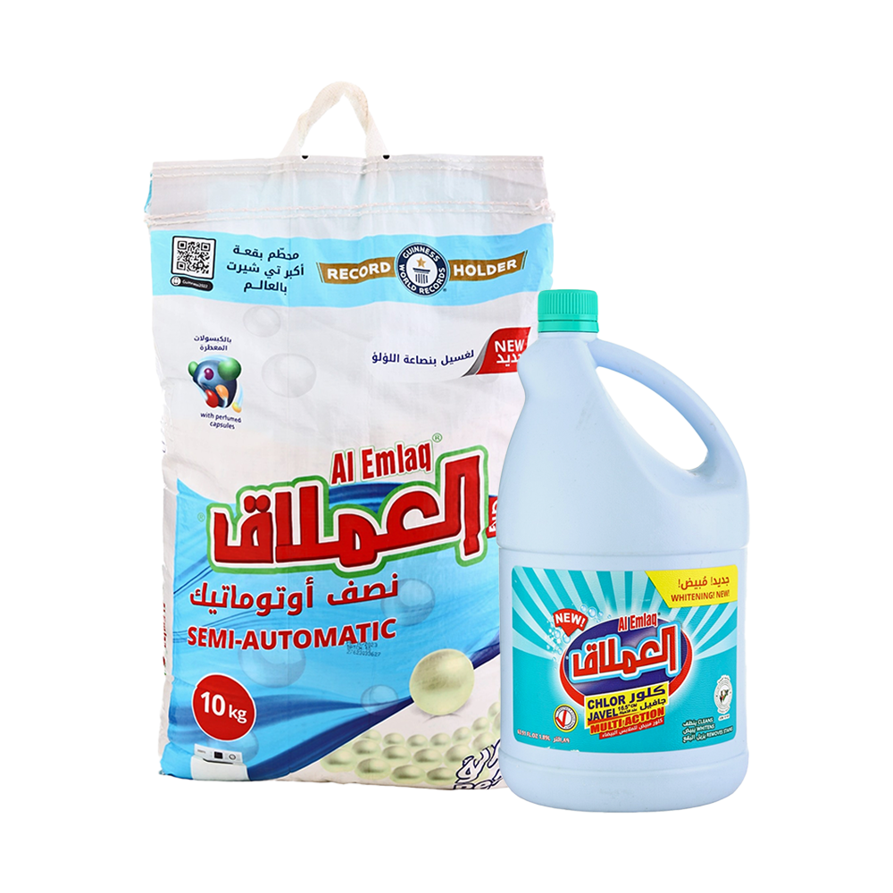 باكج منظفات العملاق مسحوق غسيل نصف أوتوماتيك لؤلؤ 10 كجم + كلور مبيض و منظف 1.89 لتر 