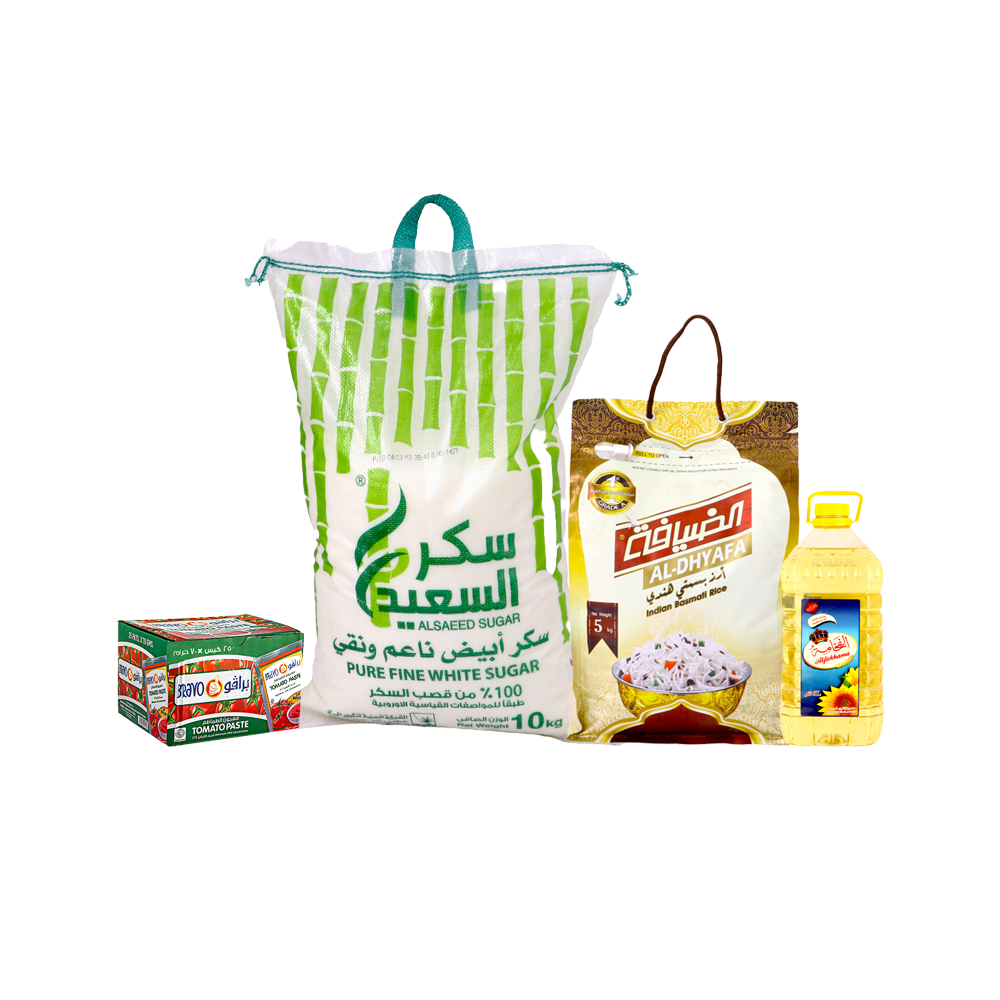 باكج أرز الضيافة بسمتي 5 كجم +سكر السعيد 10 كجم + باكت صلصة برافو 70 جم * 25 حبة + زيت دوار الشمس الفخامة 5 لتر 