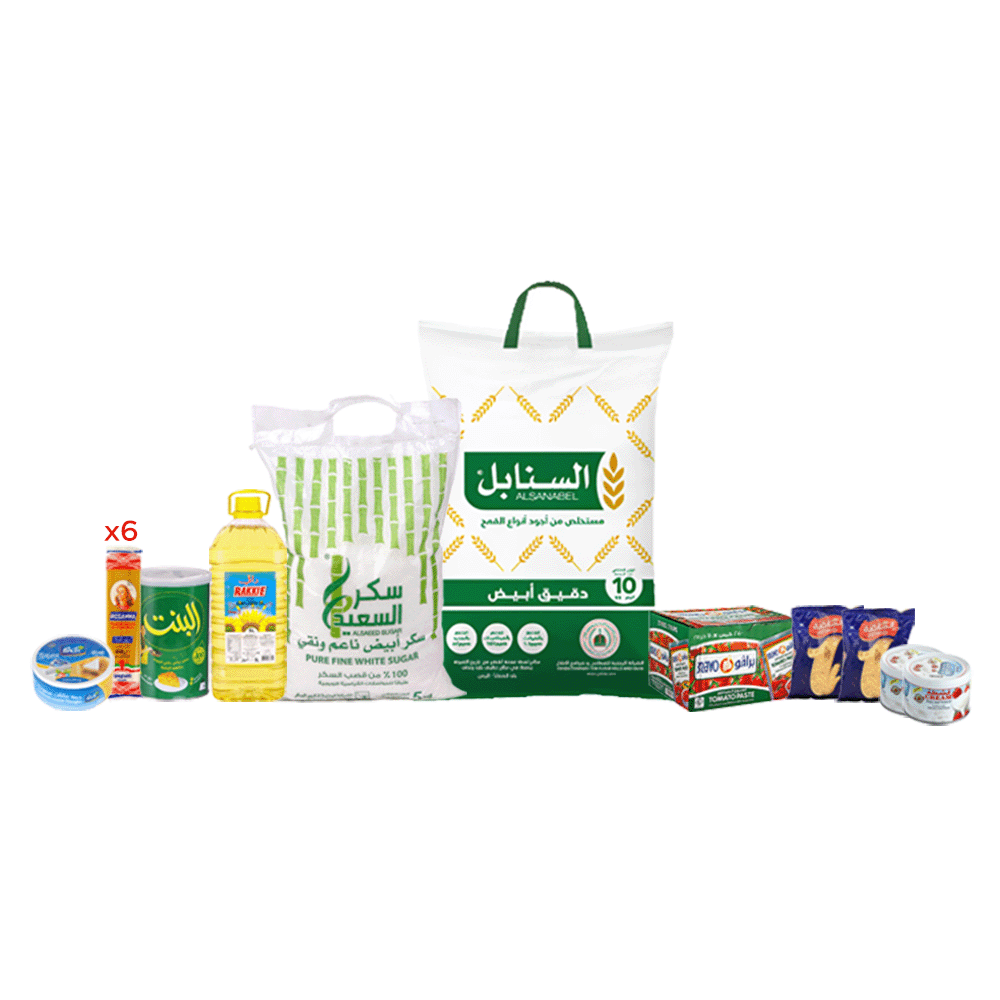دقيق السنابل10كجم+سكر السعيد5كجم+سمن البنت900جم+مكرونة روزانا6حبات+جبن سالم24قطعة+شعيرية المائدة2+قشطة المثالي155جم2+زيت راقي5لتر+صلصة برافو70جم*25حبة