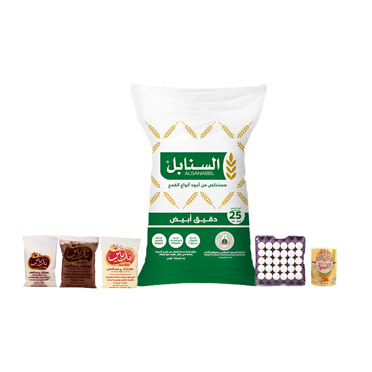 باكج الكعك يتكون من دقيق السنابل أبيض 25 كجم + طبق بيض 30 حبة + علبة زبدة القمرية 3 كجم + حليب مجفف حيواني درجة أولى نصف كجم + كاكاو جلاكسي 1 كجم + جوز الهند أبيض 1 كجم 