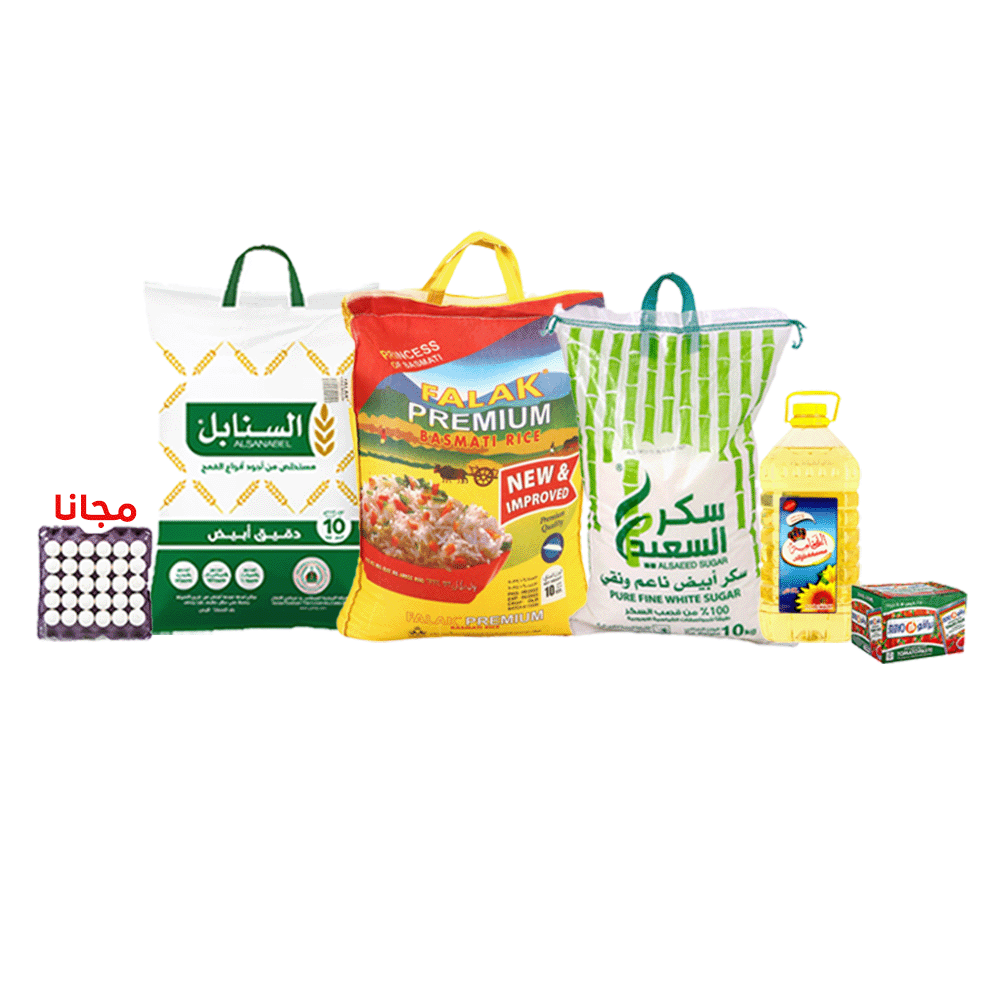 باكج زيت الفخامة 5 لتر + أرز فلك بسمتي أبيض 10 كجم + سكر السعيد 10 كجم + باكت صلصة برافو 70 جم * 25 حبة + دقيق السنابل أبيض 10 كجم + طبق بيض 30 حبة مجاناً