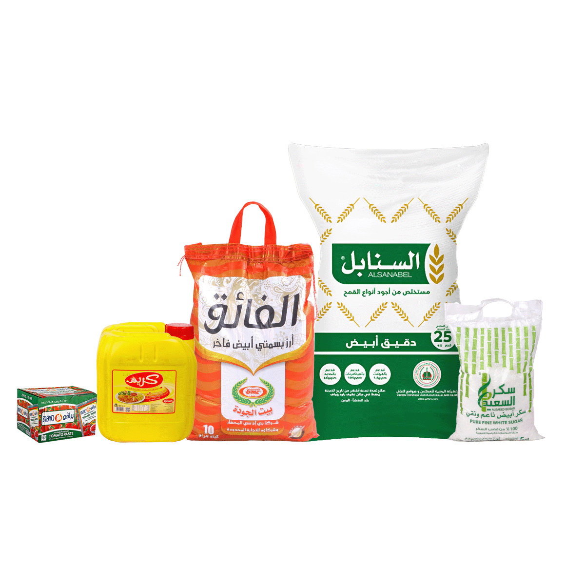 باكج أرز الفائق بسمتي 10 كجم + دقيق السنابل أبيض 25 كجم + زيت كريم نباتي 8 لتر + باكت صلصة برافو 70 جم*25 حبة + سكر السعيد 5 كجم 