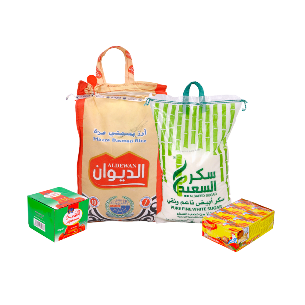 باكج أرز الديوان بسمتي مزة  10 كجم + باكت معجون صلصة الطماطم 50 جم * 25 حبة + مكعبات مرقة ماجي24 حبة* 2 مكعب + سكر السعيد10 كيلو